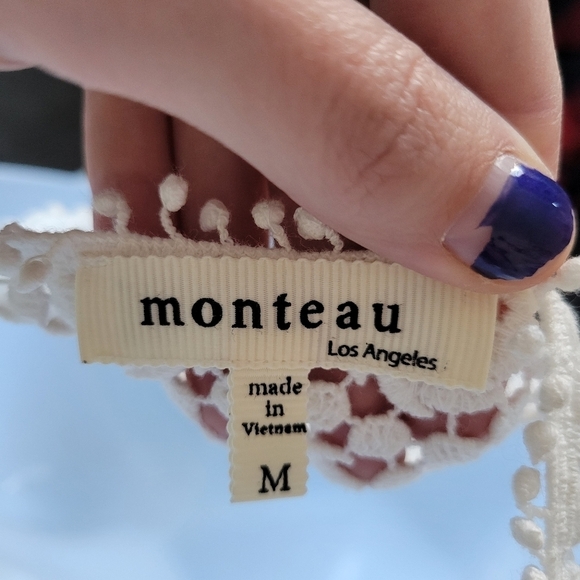 Monteau Medium White Chiffon Tank Top Racerback Lace Neck Back Pom Pom Trim - Picture 6 of 7